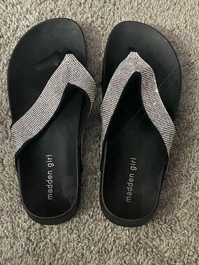Madden Girl Black Sandal Flip-Flops with Silver Crystal Straps worn very little